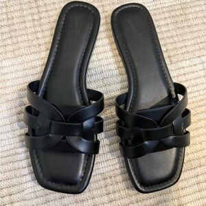 Women's Black Leather Woven Slide Mules Sandals
